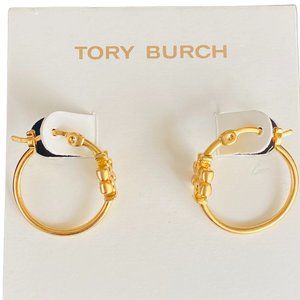 Auth NEW Tory Burch Small Eleanor GOLD Logo Hoop Earrings Tag/Card/Dust Bag